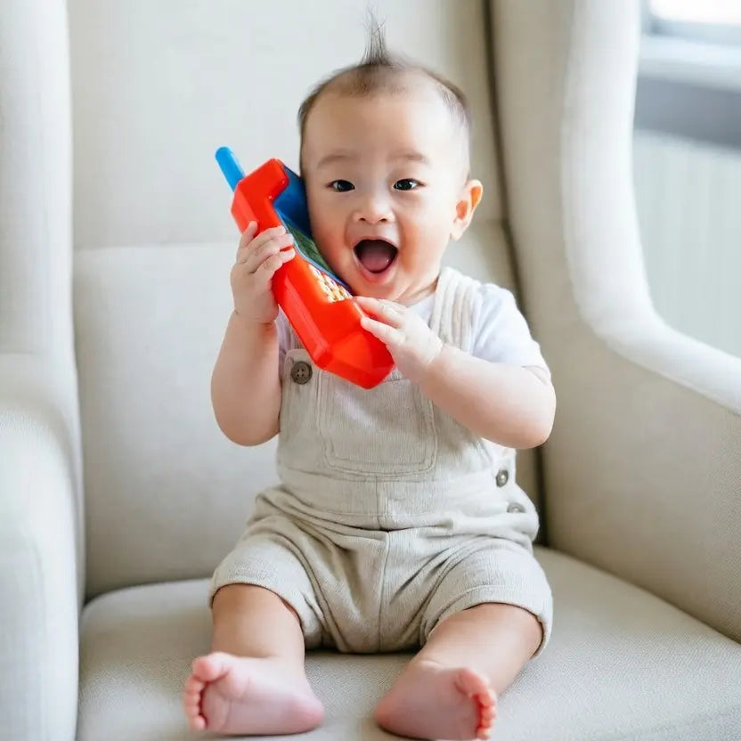 Des gazouillis aux premiers mots : la naissance du langage, bébé qui tient un jouet téléphone